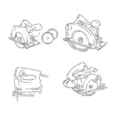 Obraz premium Sketch line Electric circular saw with steel toothed disc icon isolated on white background. Electric hand tool for cutting wood or metal.