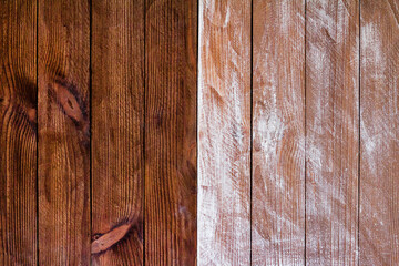 Vintage brown wood background texture with knots and nail holes. Old painted wood wall. Brown abstract background. Vintage wooden dark horizontal boards. Front view with copy space