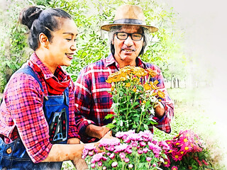 Happiness Senior couple resting and relaxation at garden on watercolor illustration painting background.