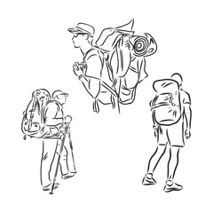 Fototapeta na wymiar tourist with a backpack vector sketch illustration. Sketch of man with backpack on top of mountain Hand drawn vector illustration