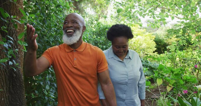 African american senior couple holding hands smiling while walking together in the garden