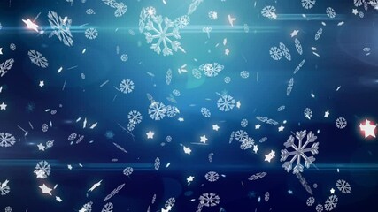 Digital animation of snowflakes falling against spots of ight and light trails on blue background - Powered by Adobe