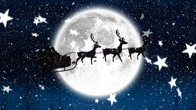 Digital animation of snow and stars falling over black silhouette of santa claus in sleigh
