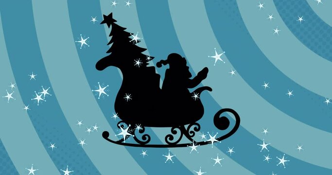 Digital animation of multiple stars over black silhouette of santa claus and christmas tree