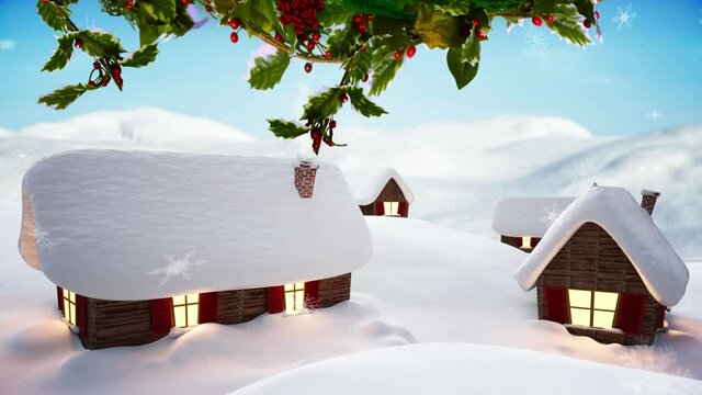 Digital animation of snowflakes falling over multiple houses covered in snow on winter landscape