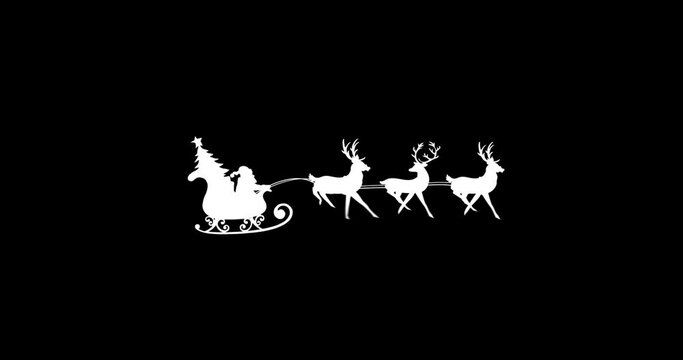 Digital animation of black silhouette of santa claus and christmas tree in sleigh