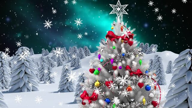 Digital animation of snow falling over christmas tree and multiple trees on winter landscape
