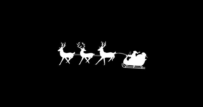 Digital animation of black silhouette of santa claus and gift sack in sleigh on black background