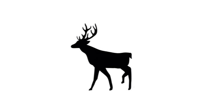 Digital animation of black silhouette of reindeer walking against white background