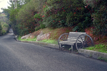 A peaceful empty road with a bench.