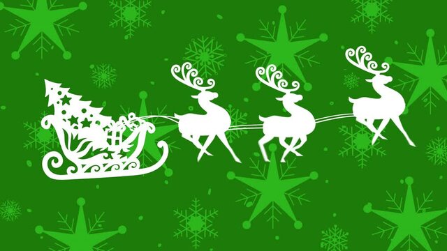 Digital animation of  silhouette of christmas tree in sleigh being pulled by reindeers against multi