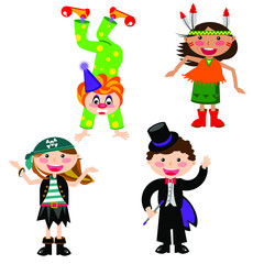 kids wearing different halloween costumes. Clown, wizard, pirate