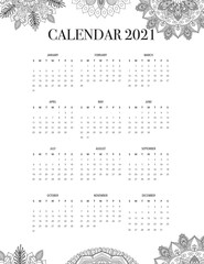 Mandala Wall Calendar 2021 Sunday start. Calendar design in black and white colors, Calendar Template for poster or planner.
