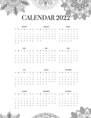 Fototapeta na wymiar Mandala Wall Calendar 2022 Sunday start. Calendar design in black and white colors, Calendar Template for poster or planner.