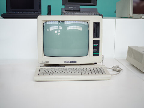 TERRASSA, SPAIN-AUGUST 9, 2020: 1985 Amstrad PCW 8256 "Joyce" Personal Computer in the National Museum of Science and Technology of Catalonia