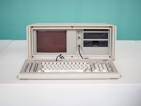 TERRASSA, SPAIN-AUGUST 9, 2020: 1984 IBM Portable PC Computer 5155 model 68 in the National Museum of Science and Technology of Catalonia