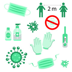 Stop corona virus. Set of hand sanitizer bottles, medical mask,  liquid soap and gloves.