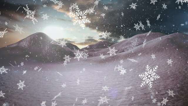 Digital animation of snowflakes falling over winter landscape against clouds in sky