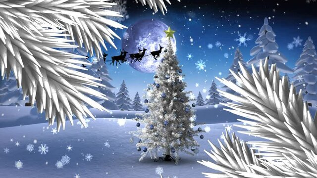 Digital animation of snow falling over christmas tree on winter landscape a
