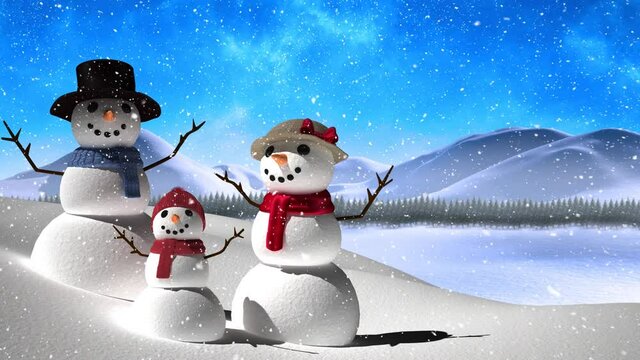Digital animation of snow falling against snowman family on winter landscape