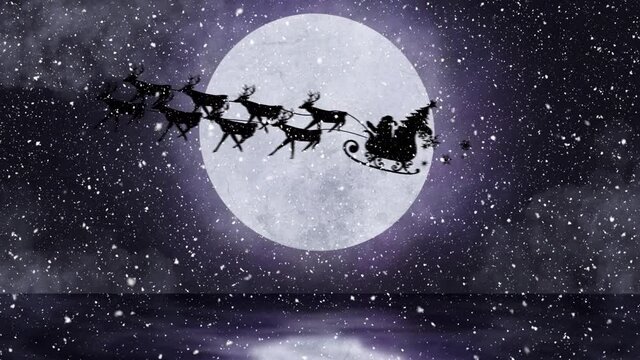 Digital animation of snow falling over silhouette of santa claus in sleigh being pulled by reindeers