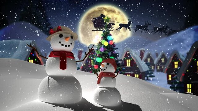 Digital animation of snow falling over female and kid snowman on winter landscape