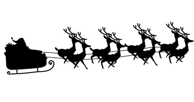 Digital animation of black silhouette of santa claus in sleigh being pulled by reindeers