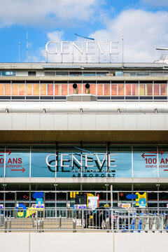 Le Grand-Saconnex, Switzerland - September 7, 2020: Front view of the main entrance of the international airport of Geneva (GVA), which is celebrating its centenary in 2020.