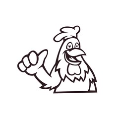 Rooster mascot logo outline version. Chicken logo in black and white. Fried chicken restaurant mascot logo template