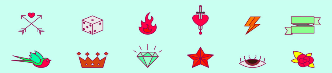 set of old style tattoo. cartoon design template with various models. vector illustration isolated on blue background