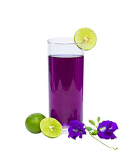 Butterfly Pea and Lemon Juice Healthy drinking water from the garden isolated on the white background. clipping path.