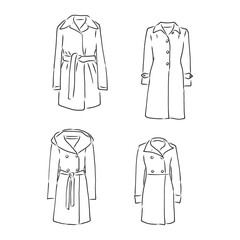 Trench coat icon. Fashion garment symbol. Technical drawing of garment for design, logo, advertising banner. coat vector sketch illustration