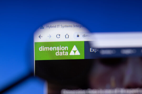 Saint-Petersburg, Russia - 18 February 2020: Dimension Data company website page logo on laptop display. Screen with icon, Illustrative Editorial
