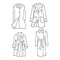 Trench coat icon. Fashion garment symbol. Technical drawing of garment for design, logo, advertising banner. coat vector sketch illustration