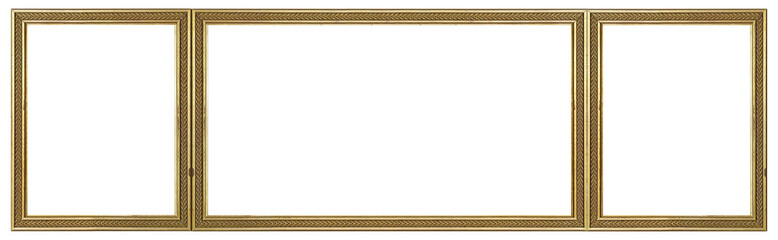 Triple golden frame (triptych) for paintings, mirrors or photos isolated on white background