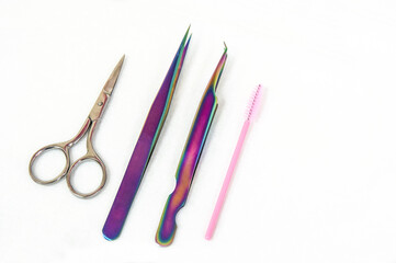 Instruments: Beauty and fashion concept - Eyelash Extension Procedure. Tools for eyelash extension. False eye lashes, glue, tweezers