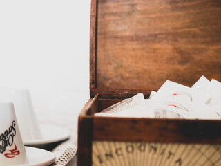 coffee, cups and wooden sugar container