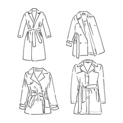 Trench coat icon. Fashion garment symbol. Technical drawing of garment for design, logo, advertising banner. coat vector sketch illustration