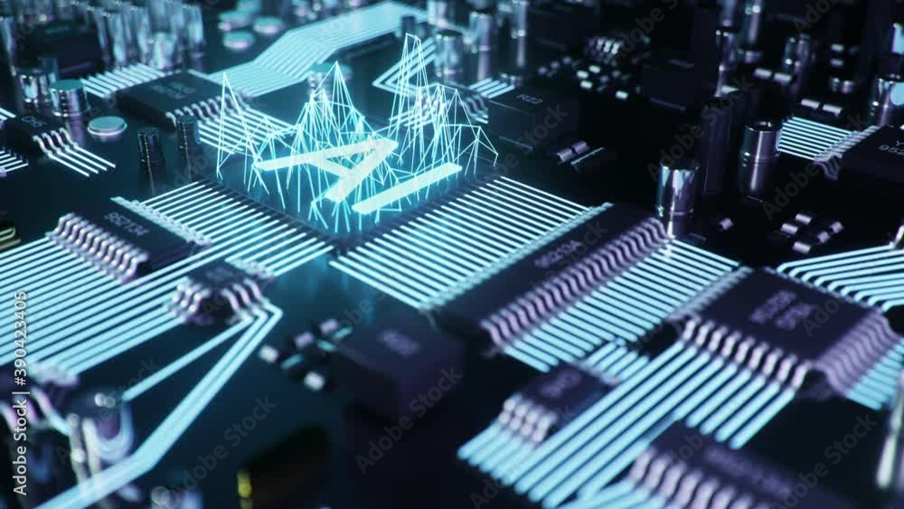 Poster abstract artificial intelligence on a printed circuit board. technology and engineering concept. neu