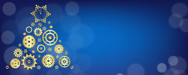 Christmas tree made of golden cogwheels and snowflakes. Long web format for banner with space for text
