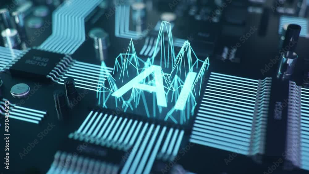 Poster abstract artificial intelligence on a printed circuit board. technology and engineering concept. neu