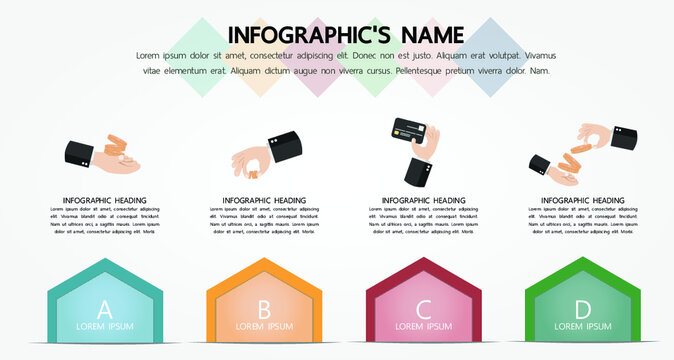 Four options of financial infographic template with hand and money elements