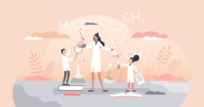 Kids science scene with chemistry teacher in laboratory tiny person concept