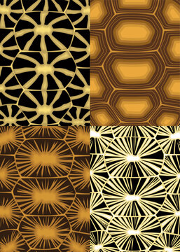 Vector illustration set of four different seamless tortoise shell patterns. sucata tortoise shell, indian star tortise shell seamless patterns in flat style for your design.