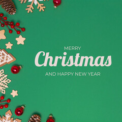 Christmas postcard with decorations on green background