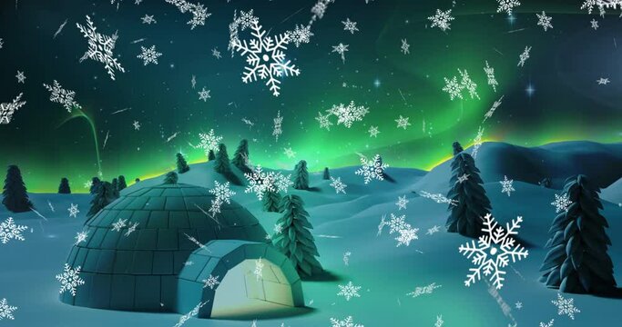 Digital animation of snowflakes falling over igloo on winter landscape against moon in night sky