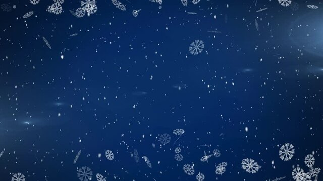 Digital animation of snowflakes moving against spots of light on blue background