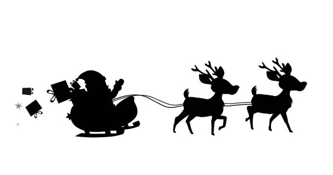 Digital animation of black silhouette of santa claus and christmas gift boxes in sleigh
