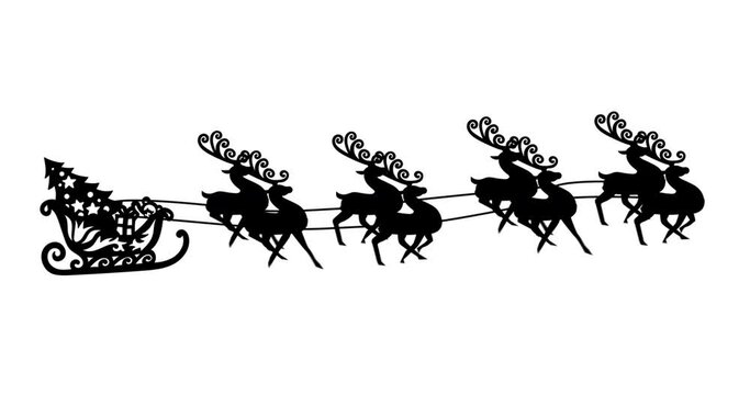 Digital animation of black silhouette of christmas tree in sleigh being pulled by reindeers