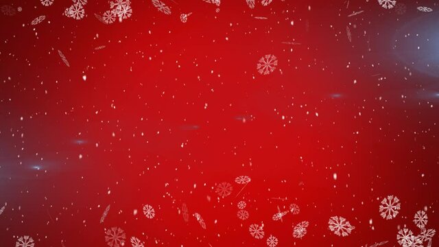 Digital animation of snowflakes falling against spots of light on red background